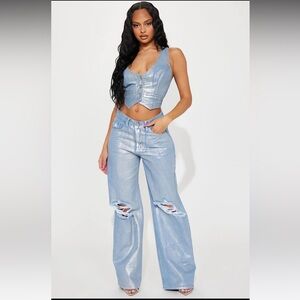 Womens Blue Freja Foil Ripped Baggy Jeans/Pants | Light Wash | NEW/NWT!!💙👖